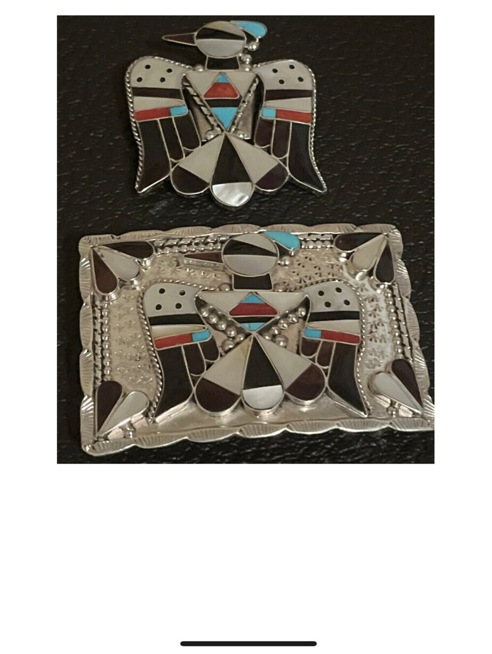 Native American Zuni sterling silver turquoise handmade buckle bolo set